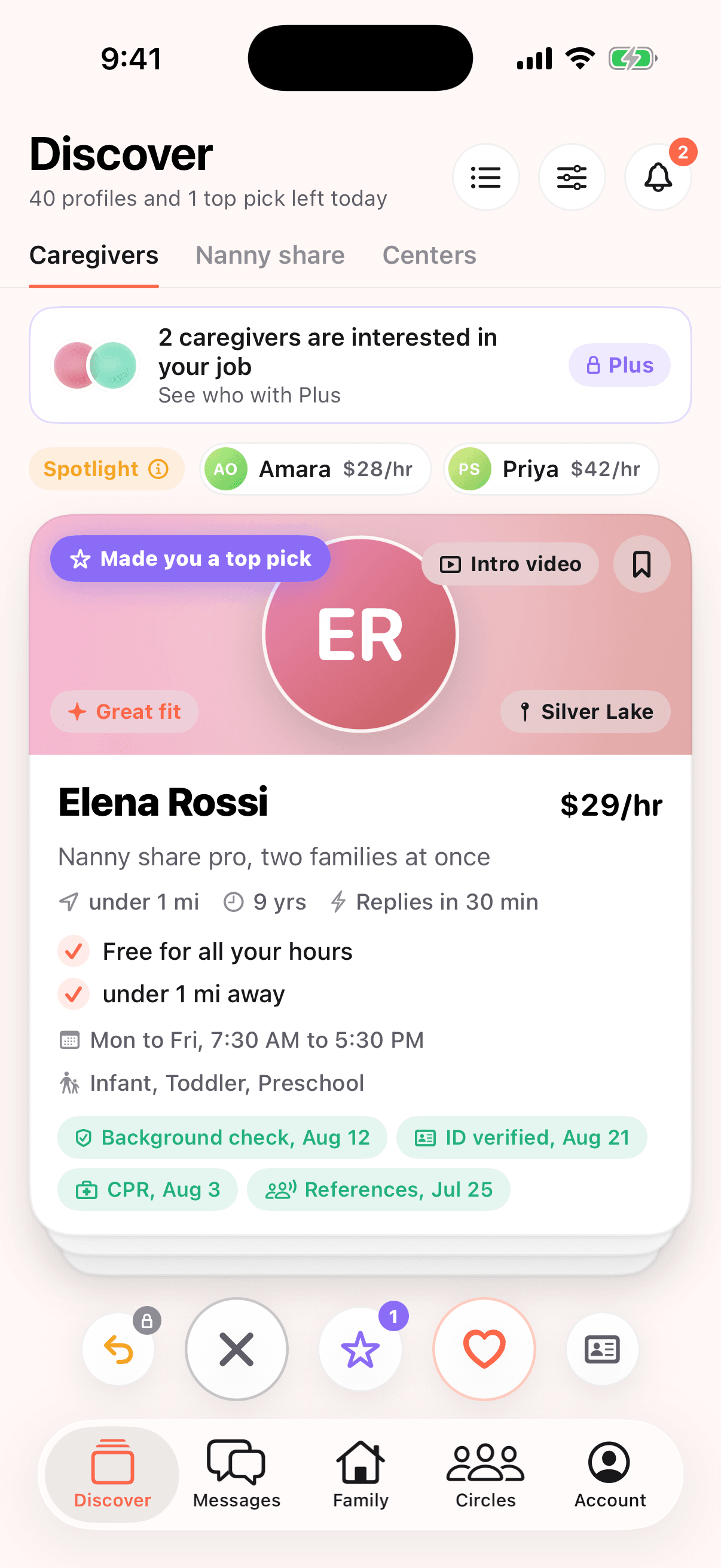 Discover tab: Elena Rossi, a nanny share pro, with a Great fit band and dated badges.