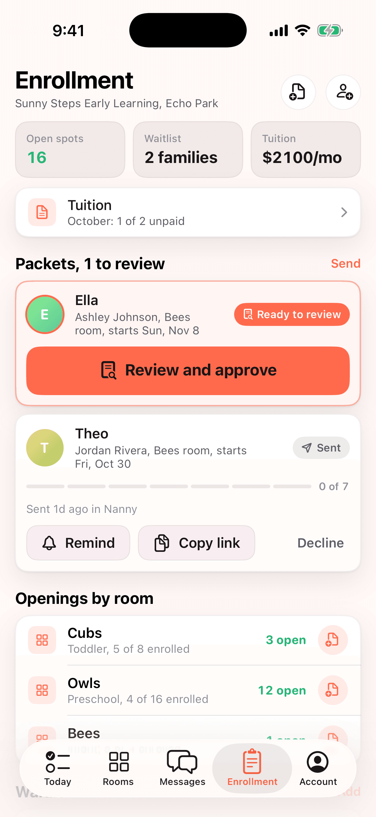Enrollment for Sunny Steps Early Learning: 16 open spots, 2 families on the waitlist, $2,100 a month tuition, and packets for Ella ready to review and Theo sent.