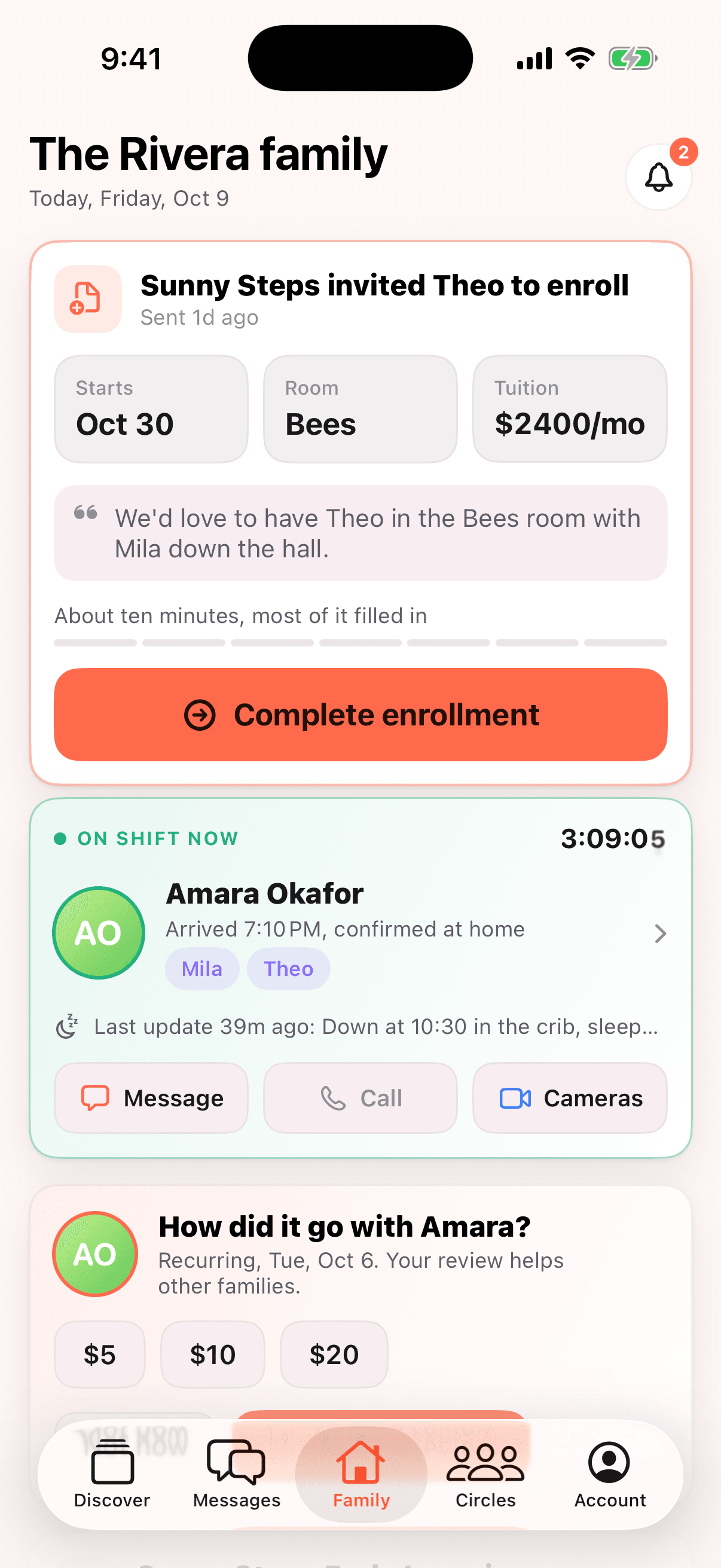 Parent Family tab for the Rivera family: Amara Okafor on shift now, arrived 7:10 PM, confirmed at home, last update down at 10:30 in the crib.