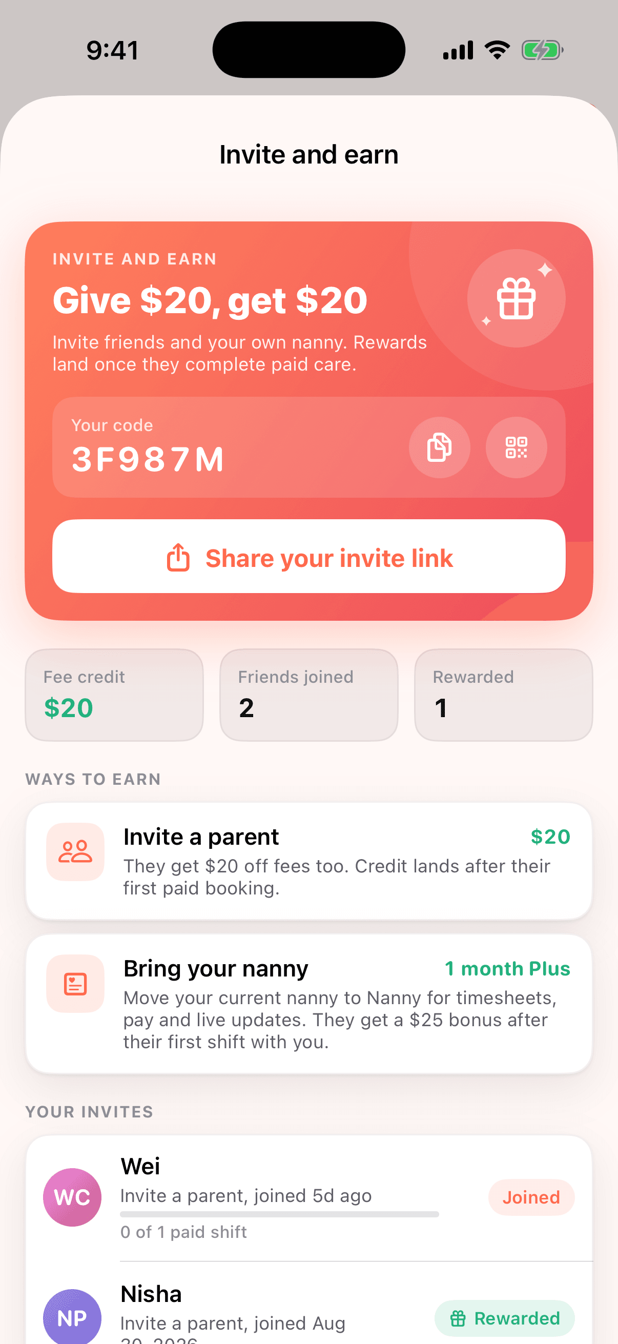 Invite and earn: give $20, get $20, your code 3F987M, $20 fee credit, two friends joined, one rewarded.