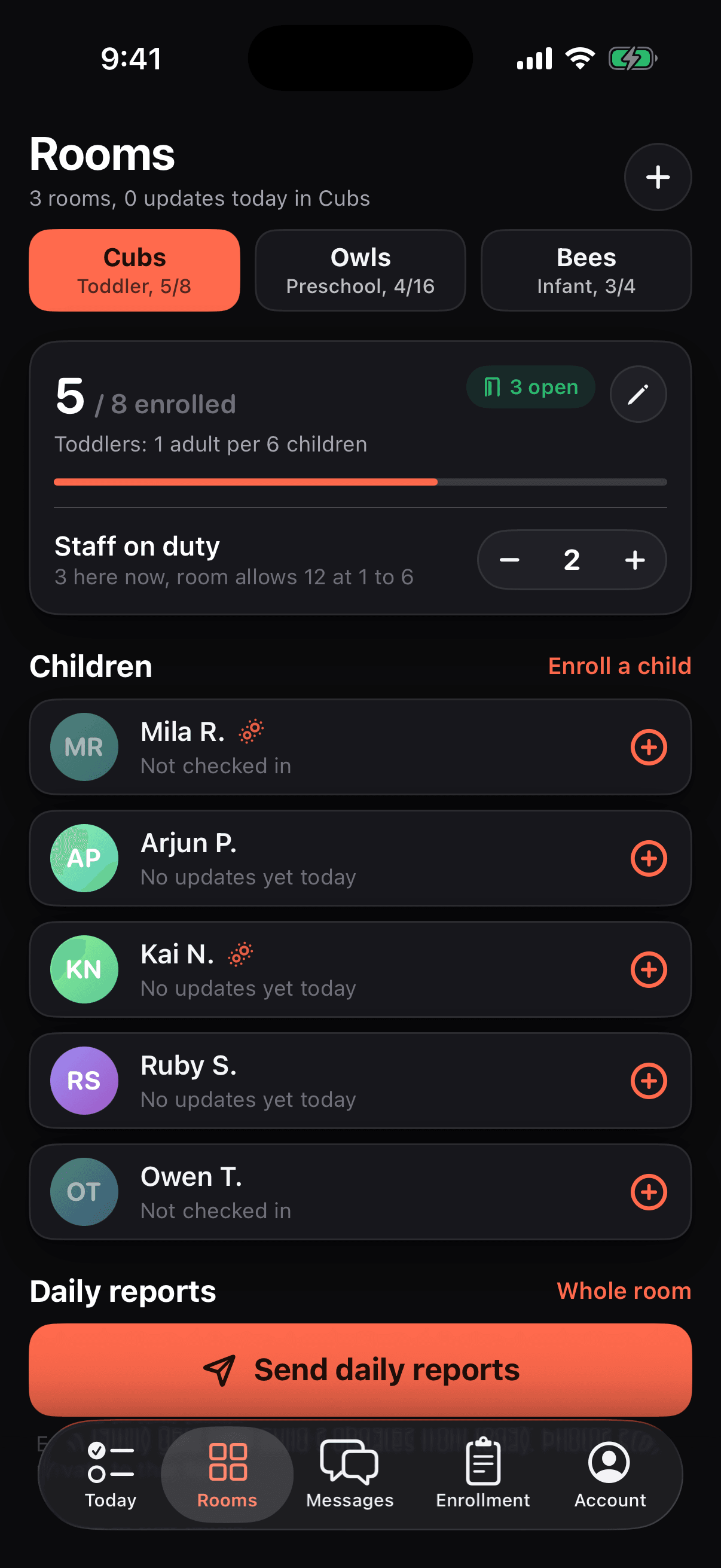 Daycare Rooms screen: Cubs, toddlers, 5 of 8 enrolled, 3 open, ratio 1 adult per 6 children, staff on duty and a send daily reports button.
